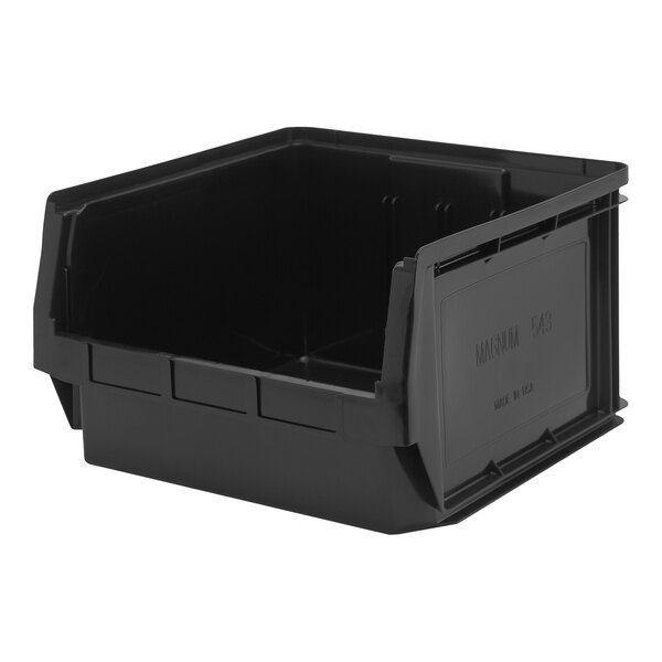 A Quantum black plastic storage tote bin with a lid.