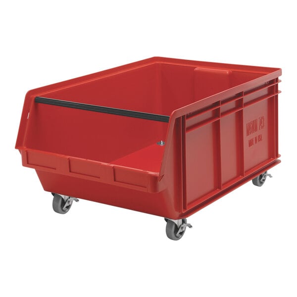 A red plastic container with wheels and black handles.