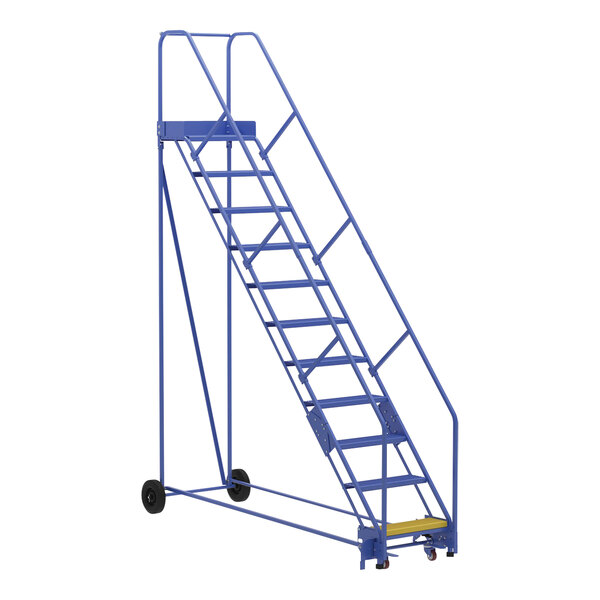 A blue steel Vestil warehouse ladder on wheels.