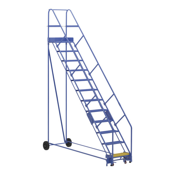 A blue Vestil steel warehouse ladder with wheels.