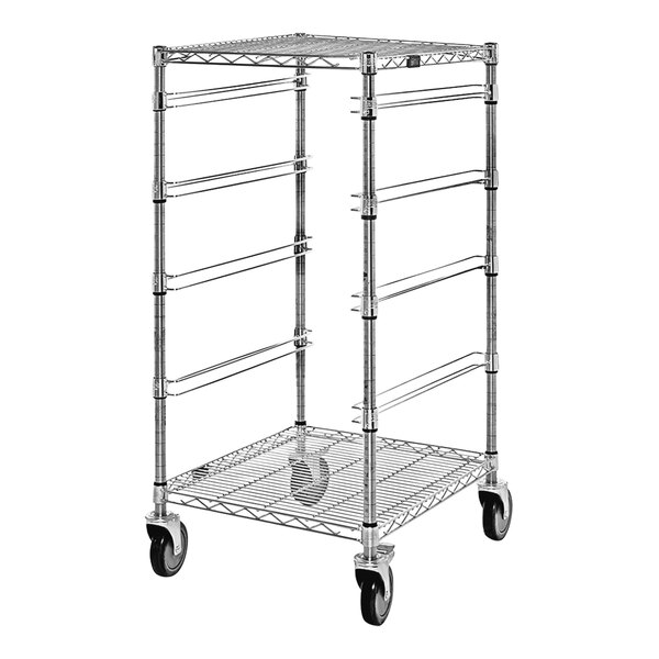 A Quantum carbon steel mobile bin cart with 2 wire shelves and 4 bin slides.