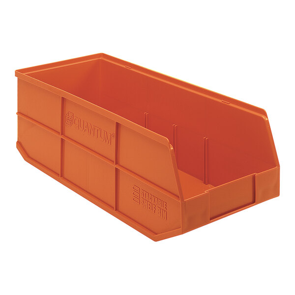 An orange plastic Quantum stackable shelf bin.