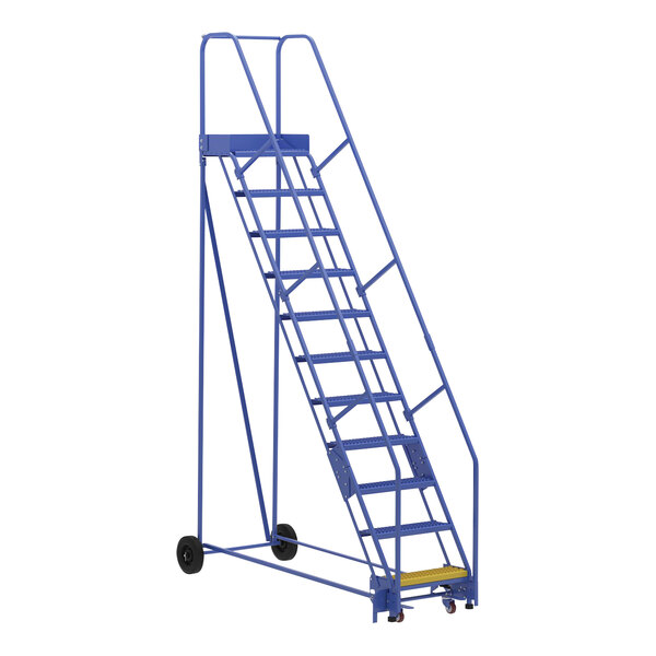 A blue Vestil steel warehouse ladder with wheels.