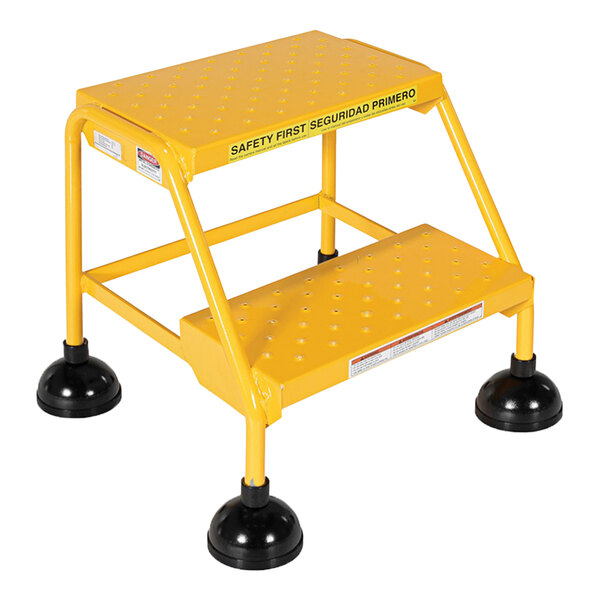 A yellow Vestil commercial rolling step ladder with black rubber feet.