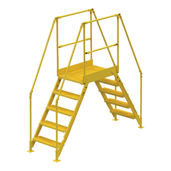 A yellow metal Vestil crossover ladder with steps.