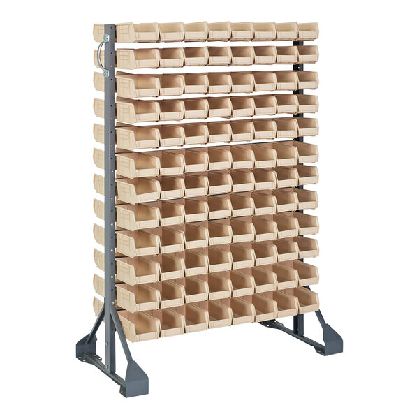 A Quantum double-sided steel rack with ivory bins on louvered panels.