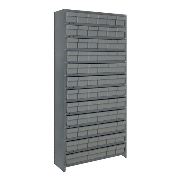 A Quantum Super Tuff grey metal shelving system with drawers.