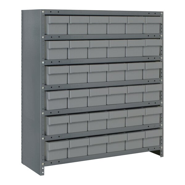 A Quantum grey steel shelving unit with drawers.