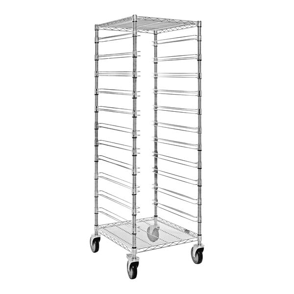 A Quantum carbon steel mobile bin cart with wire shelves and bin slides on wheels.