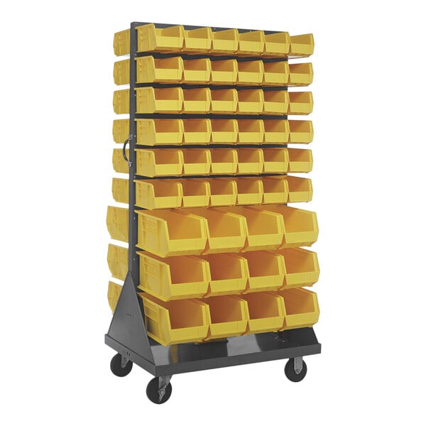 A Quantum gray steel mobile rack with yellow and white bins on louvered panels.