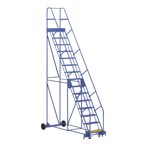 A blue Vestil steel warehouse ladder with wheels.