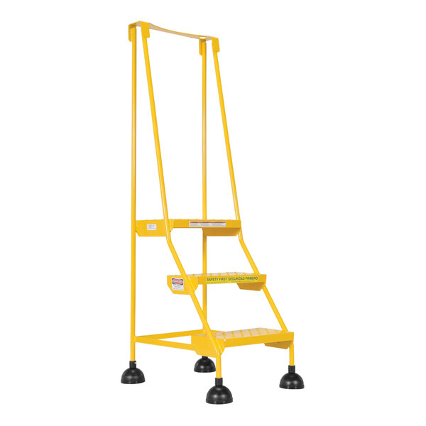 A yellow Vestil commercial rolling step ladder with three steps and two wheels.