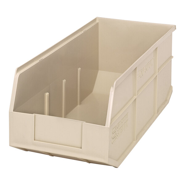 A white plastic stackable shelf bin with two compartments.