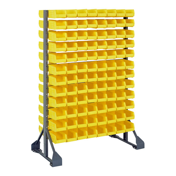 A Quantum gray steel double-sided rail rack with yellow bins on the rails.