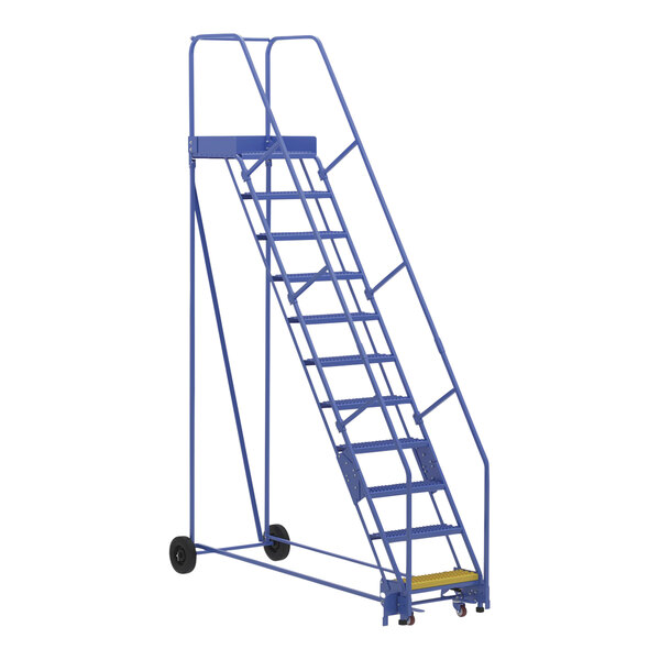 A blue Vestil steel rolling warehouse ladder with grip strut steps and wheels.