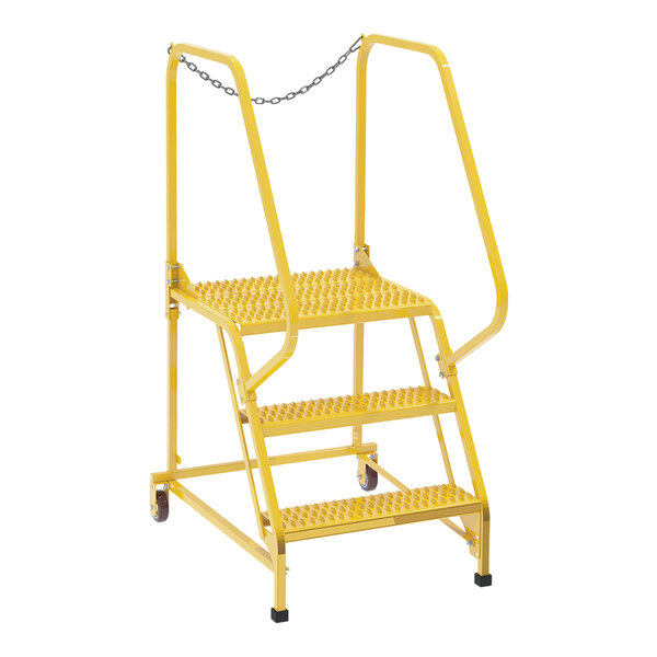 A yellow metal step ladder with grip strut steps.