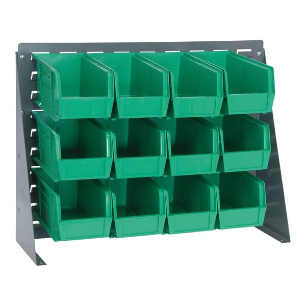 A Quantum gray steel bench rack with 12 green plastic bins on shelves.