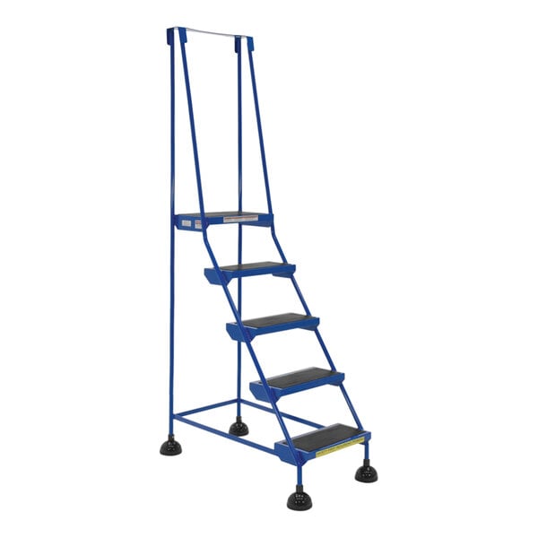 A blue Vestil commercial rolling step ladder with four steps and black serrated rubber steps.