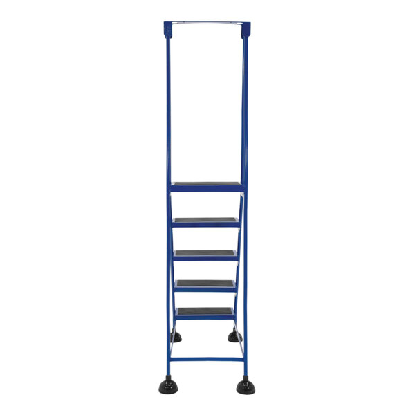 A blue Vestil rolling step ladder with 5 steps and black rubber treads.