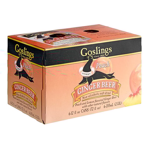 A box of 6 Goslings Peach Ginger Beer cans on a counter.