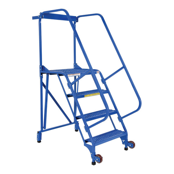 A blue steel Vestil Tip-N-Roll ladder with wheels.