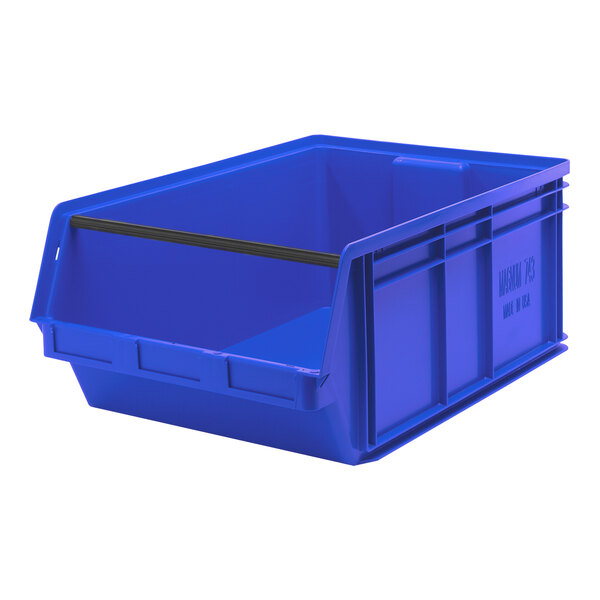 A blue plastic bin with a black handle.