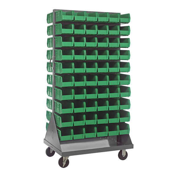A gray Quantum double-sided louvered rack with green bins on wheels.