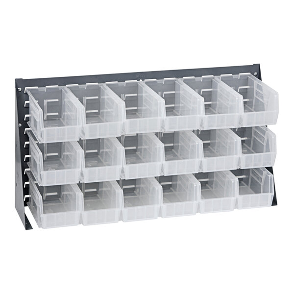 A Quantum gray steel bench rack with clear plastic bins on it.
