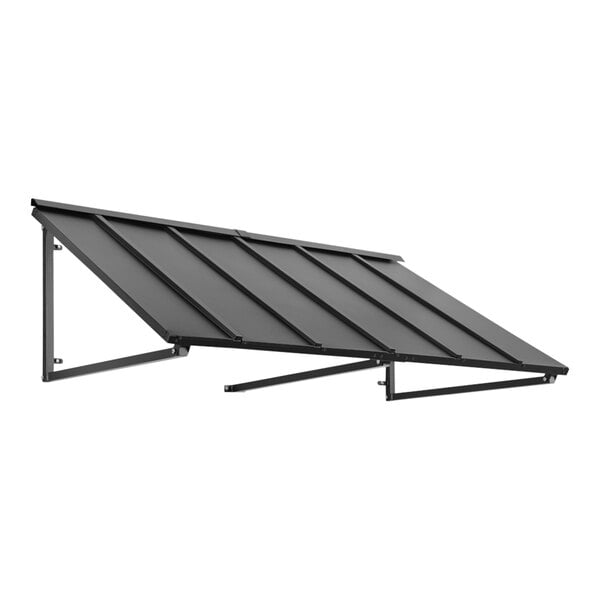 An Awntech black metal standing seam awning.