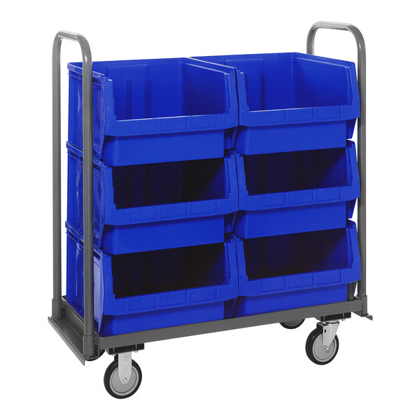 A Quantum blue tote truck with blue bins on it.