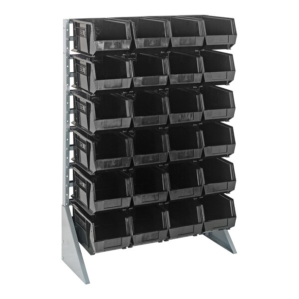 A Quantum steel rail rack with black bins on it.