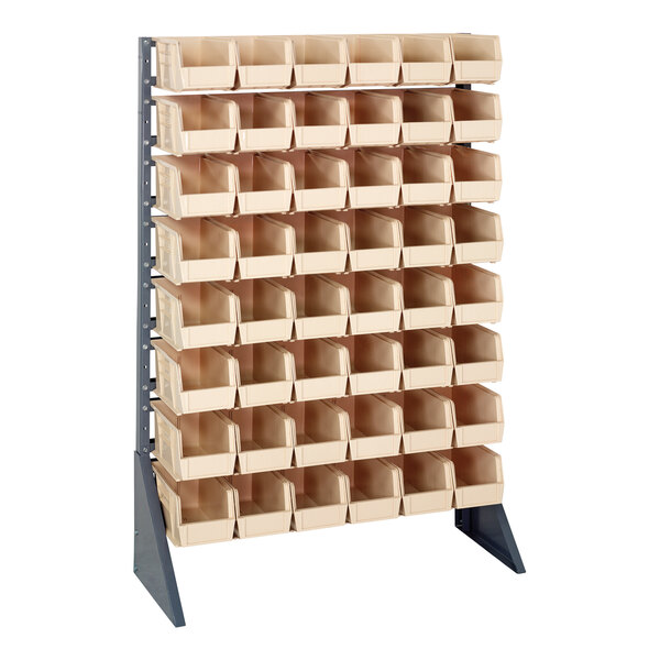 A Quantum gray steel rack with 48 ivory bins on it.