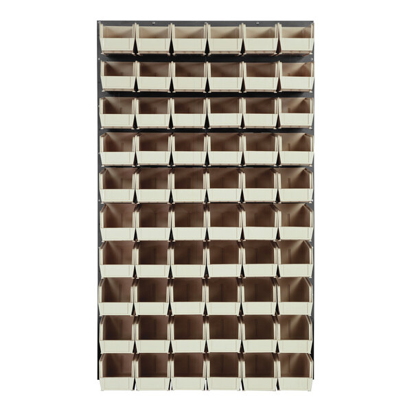 A Quantum gray steel louvered panel with many ivory bins on it.