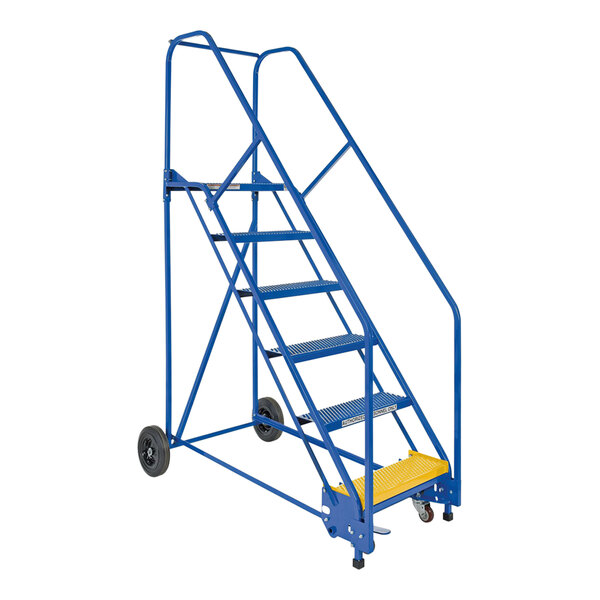 A blue steel rolling warehouse ladder with yellow handle and perforated steps.