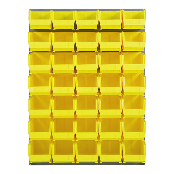 A Quantum gray louvered panel with yellow bins inside.