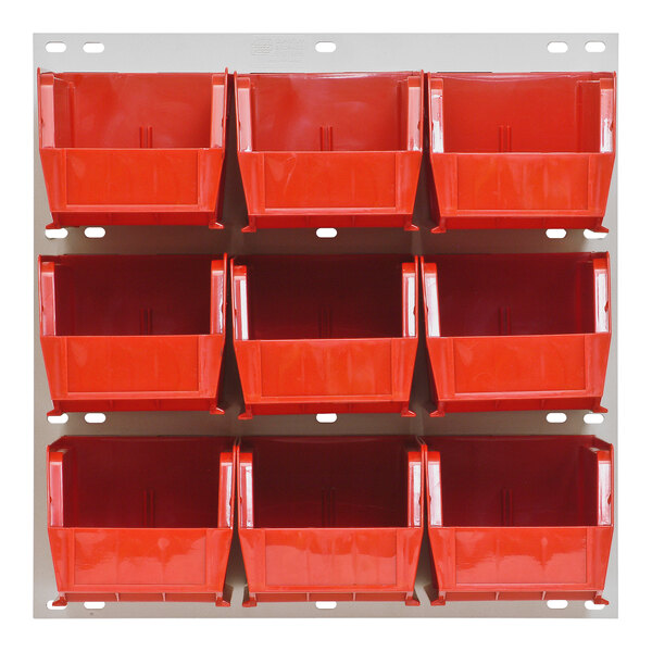 A Quantum white louvered panel with red bins on it.