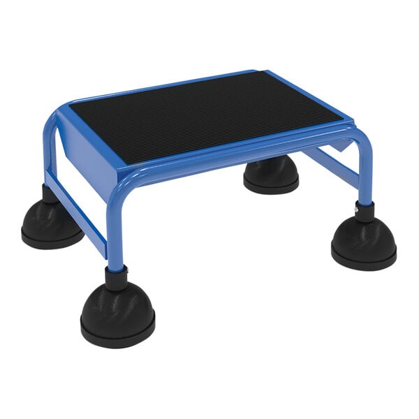 A blue step stool with four black rubber legs.
