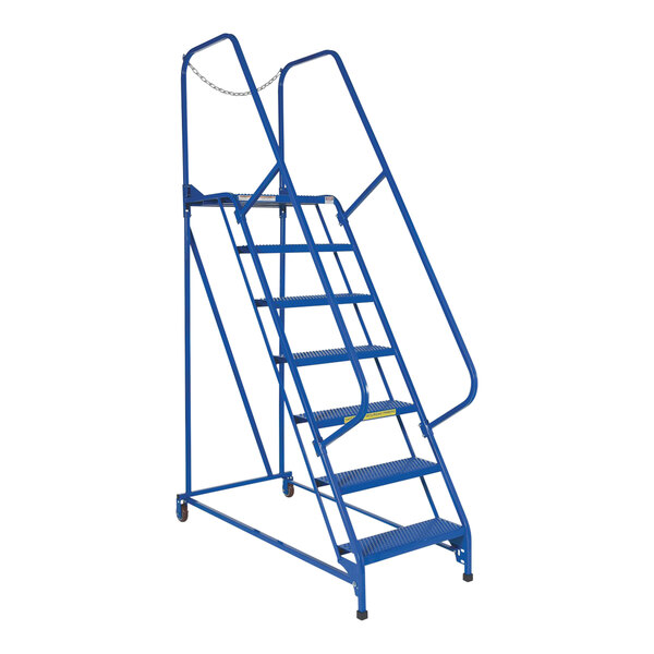 A blue steel Vestil maintenance ladder with perforated steps.