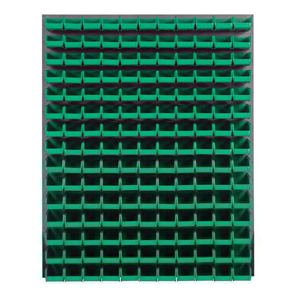 A gray louvered panel with a green grid of bins.