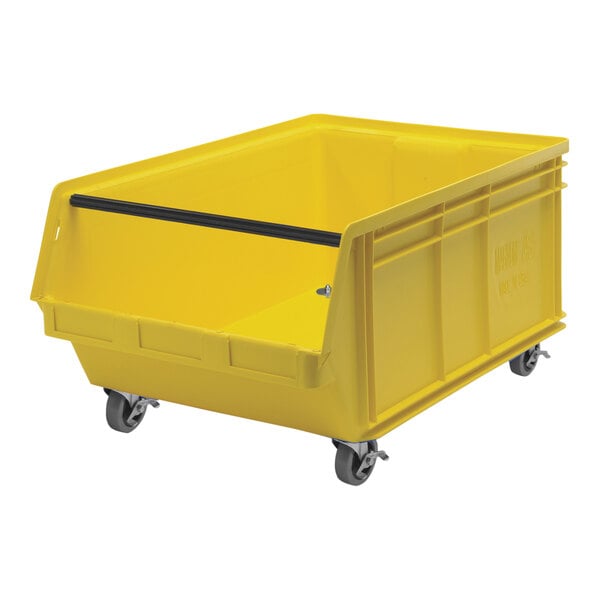 A yellow plastic bin on wheels.