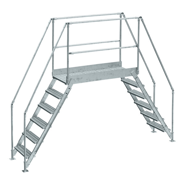 A Vestil galvanized steel crossover ladder with handrails and steps.