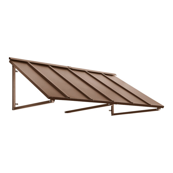 A brown metal Awntech Houstonian standing seam awning.
