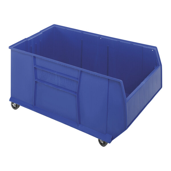 A blue Quantum mobile pallet rack container on wheels.