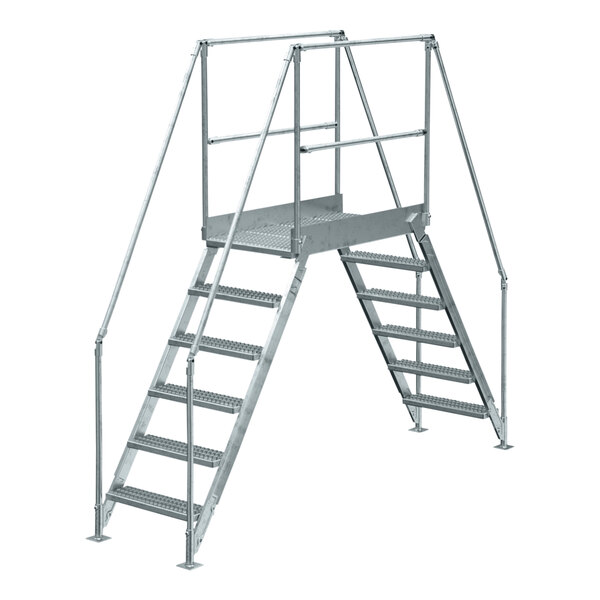 A Vestil galvanized steel crossover ladder with handrails and metal steps.