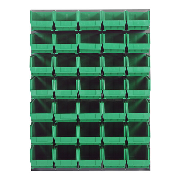 A Quantum louvered panel with 35 green bins.