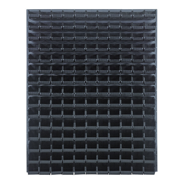 A gray steel louvered panel with black plastic bins on it.