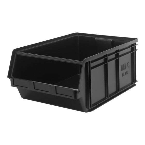 A Quantum black plastic storage tote bin with a lid.