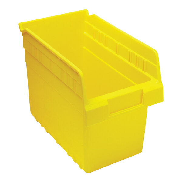A yellow Quantum shelf bin with two compartments.