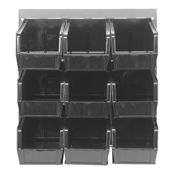 A Quantum gray steel louvered panel with black plastic bins.