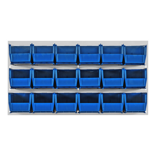 A Quantum white steel louvered panel with blue plastic bins.